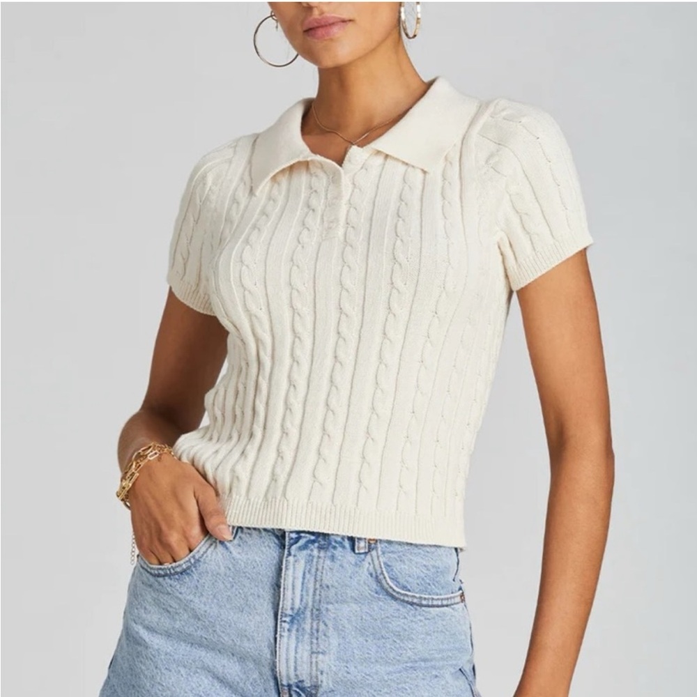 525 America Collared Knit Polo Top Cream M